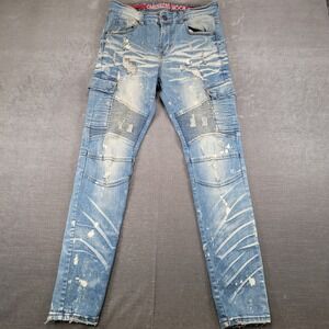 Smugglers Moon Mens 32x32 Blue Distressed Biker Cargo Jeans Paint Splatter Moto